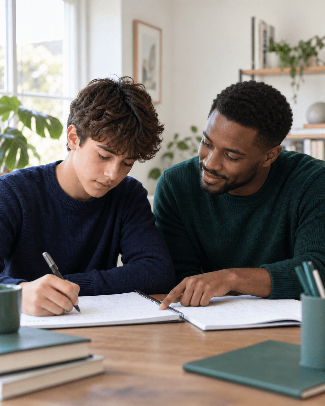 A Black male tutor supporting a student during a Mathematics lesson