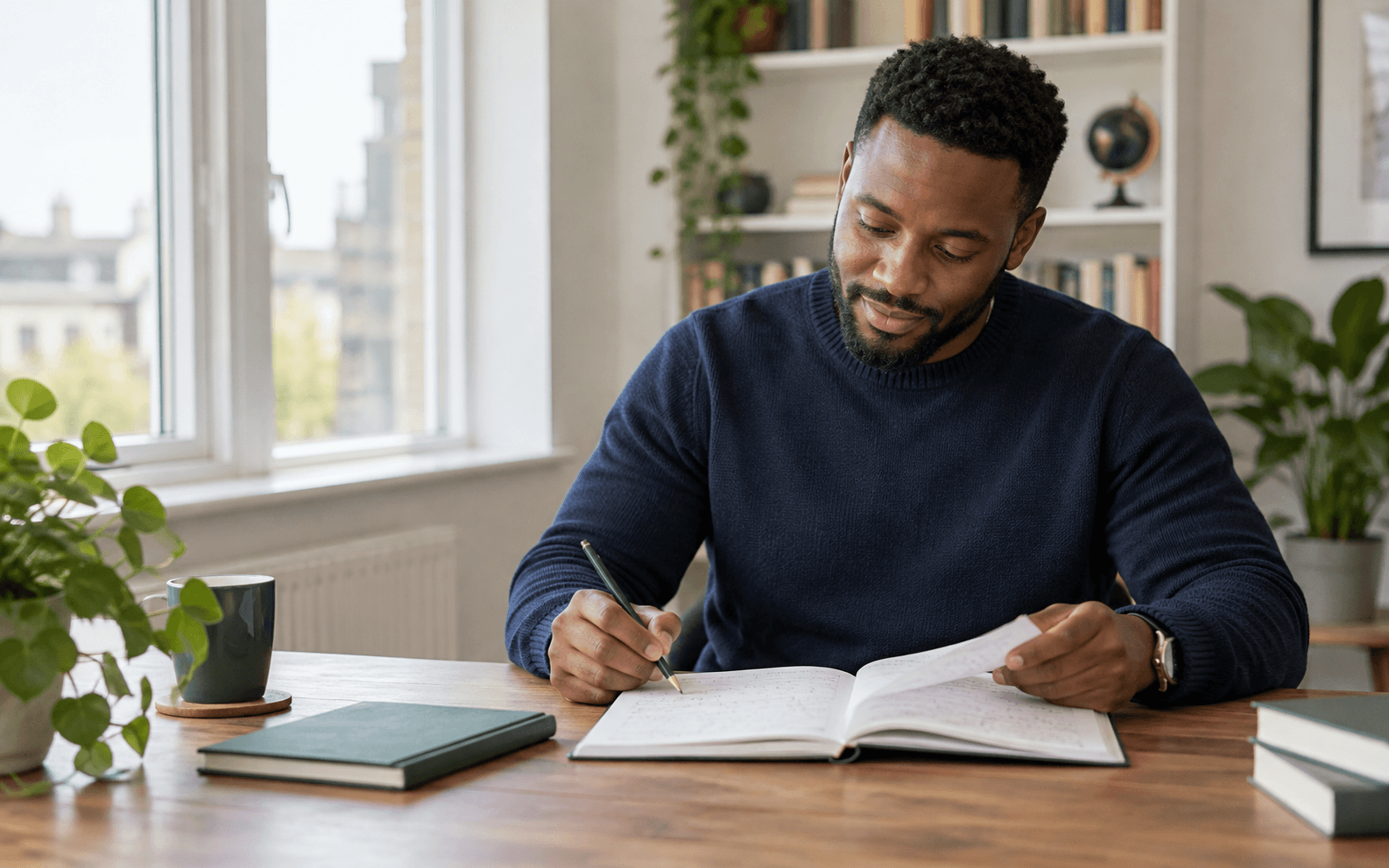 A Mathematics tutor preparing a lesson in a study